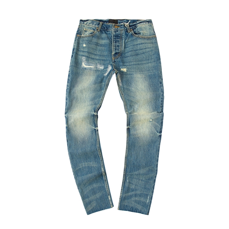 The roaring little eyes Fear of the god 7TH main line FOG washed the hole to break the high street straight drum jeans