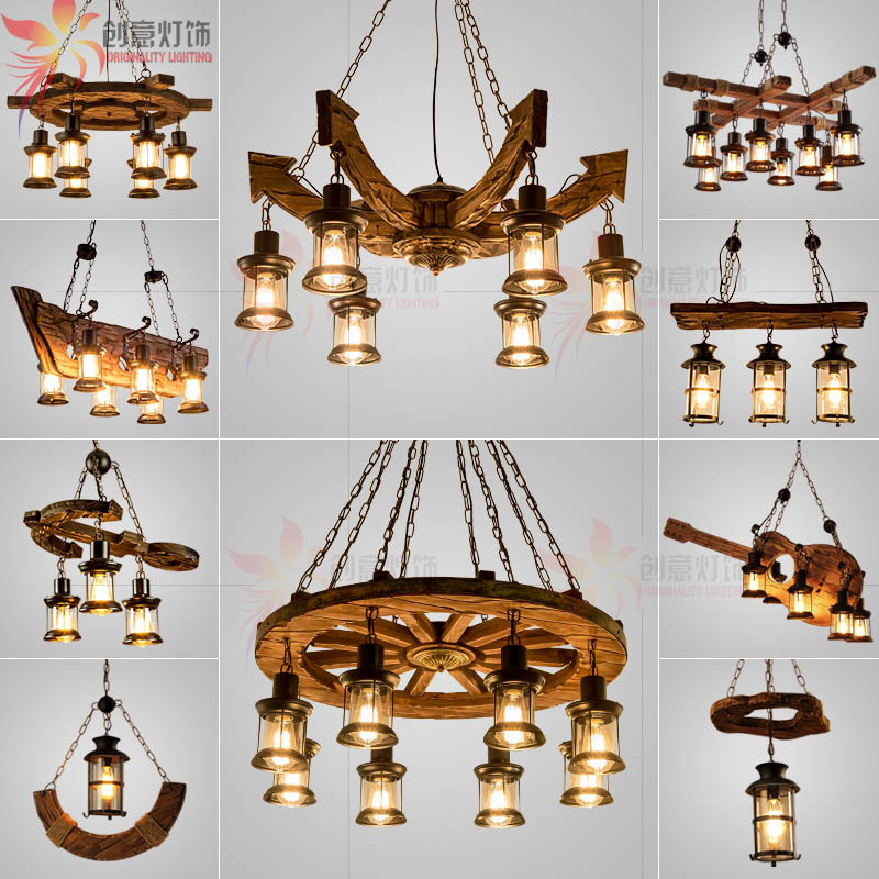 American Country-Style Retro Ship Wood Chandelier, Industrial Style, Creative and Nostalgic Bar Decoration, Coffee Restaurant Wood Lighting Fixtures