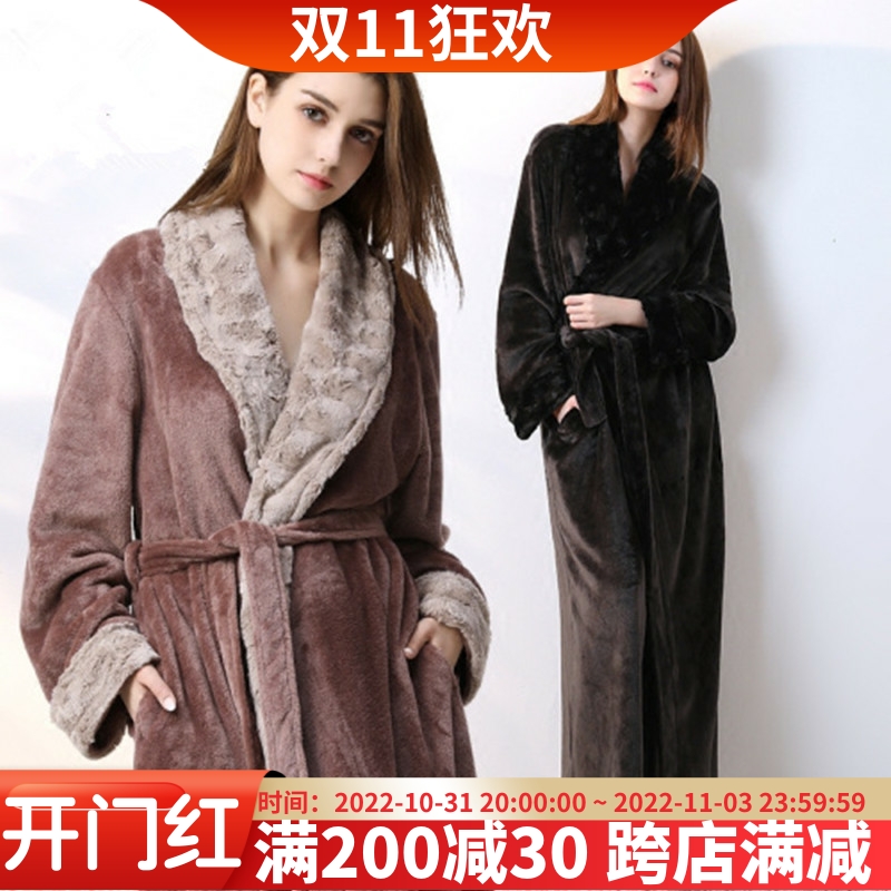 Nightgown women's winter coral fleece warm thickening and lengthening contrast color flannel couple pajamas mink velvet bathrobe men