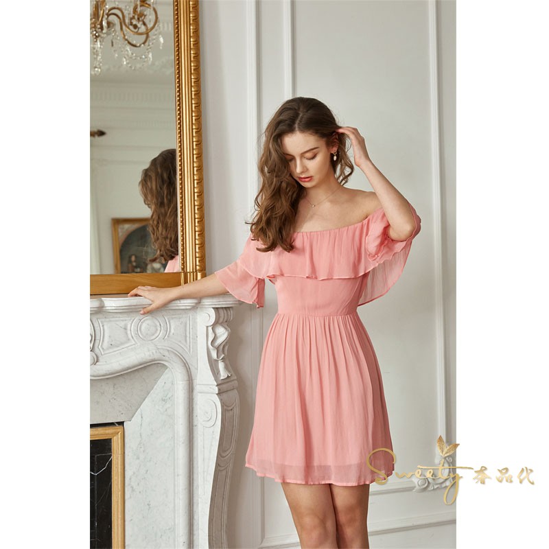 Reformation 21 autumn and summer new girl one-shoulder ruffled peach pink waist dress women