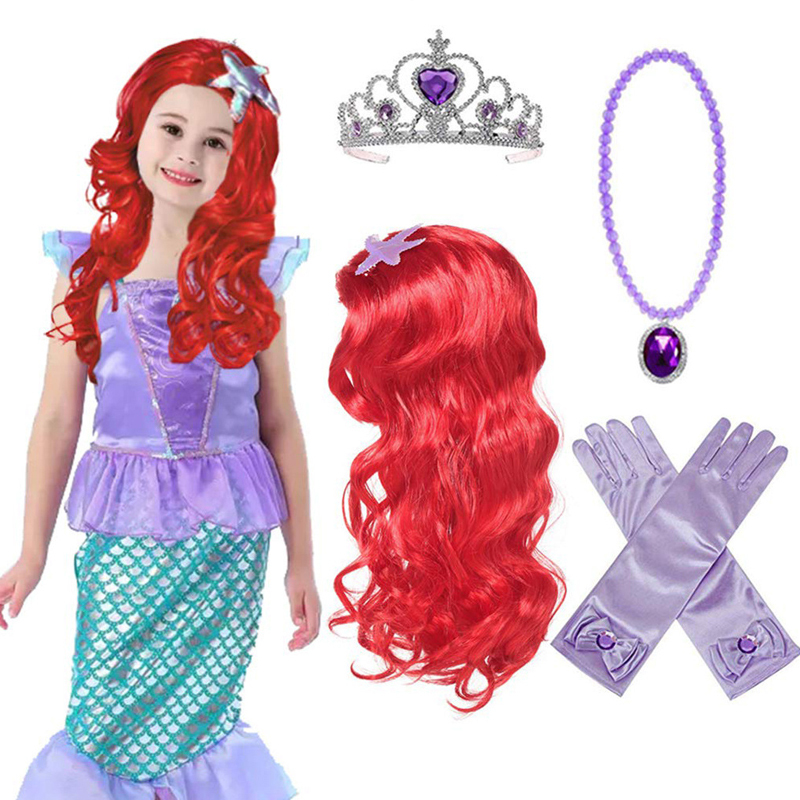 Children's Day Girls' Princess Dress Accessories Mermaid Wig Ariel Wig Crown Gloves Necklace Set