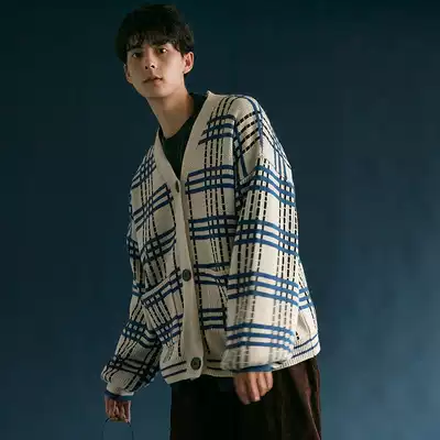 Japanese literature and art retro loose lantern sleeve plaid long-sleeved sweater cardigan men's and women's Hong Kong style plaid knitted jacket autumn