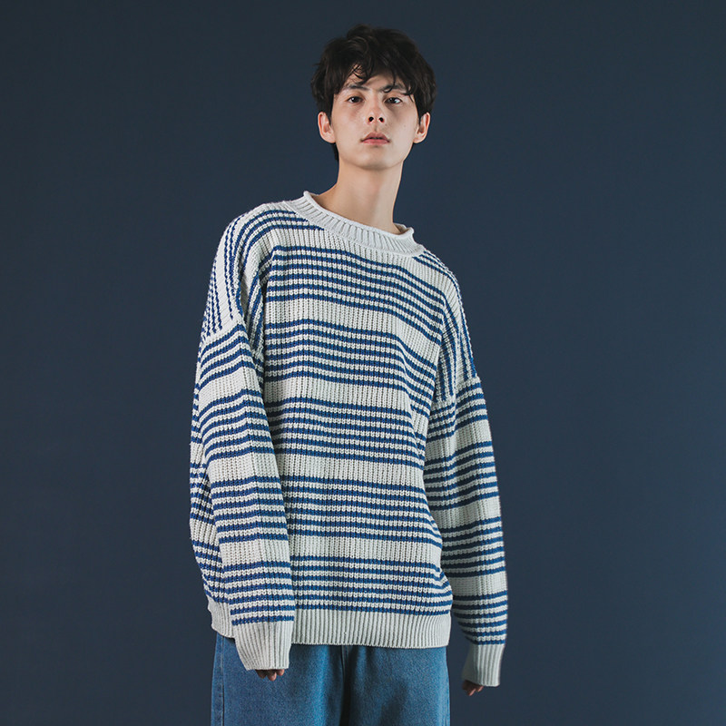 Day Series Retro College Small Frescoed Sea Soul Jersey Striped Knit Cardiovert Blouse for male and female lovers Brief about 100 hitchhiking