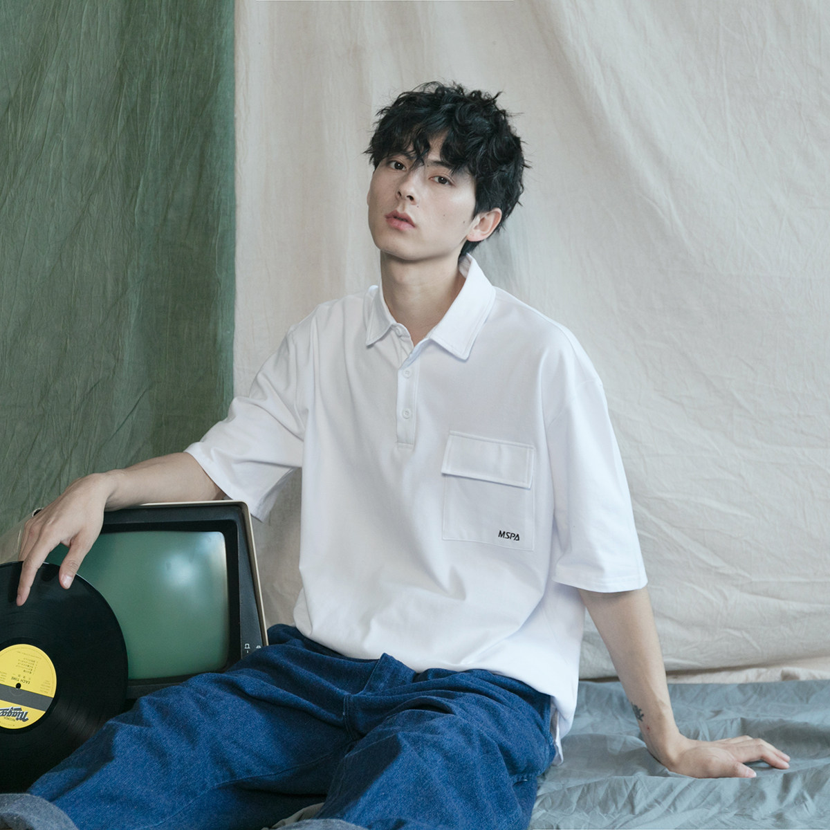 Japanese retro college style simple pocket embroidery POLO shirt T-shirt trendy men and women all-match small fresh short-sleeved tee