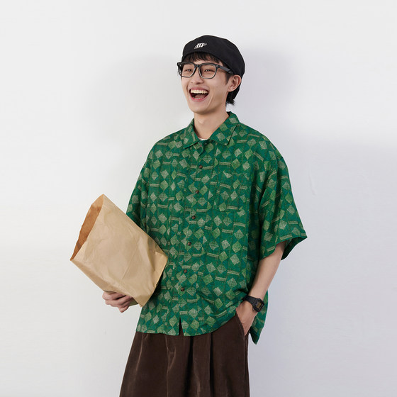 Mentmate 22SS 波斯草绿 垂坠丝感细密菱形格花纹短袖衬衫男春夏