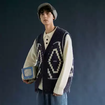 80 s 90 s retro diamond check knit sweater vest port flavor retro men's and women loose sleeveless sweater coat autumn