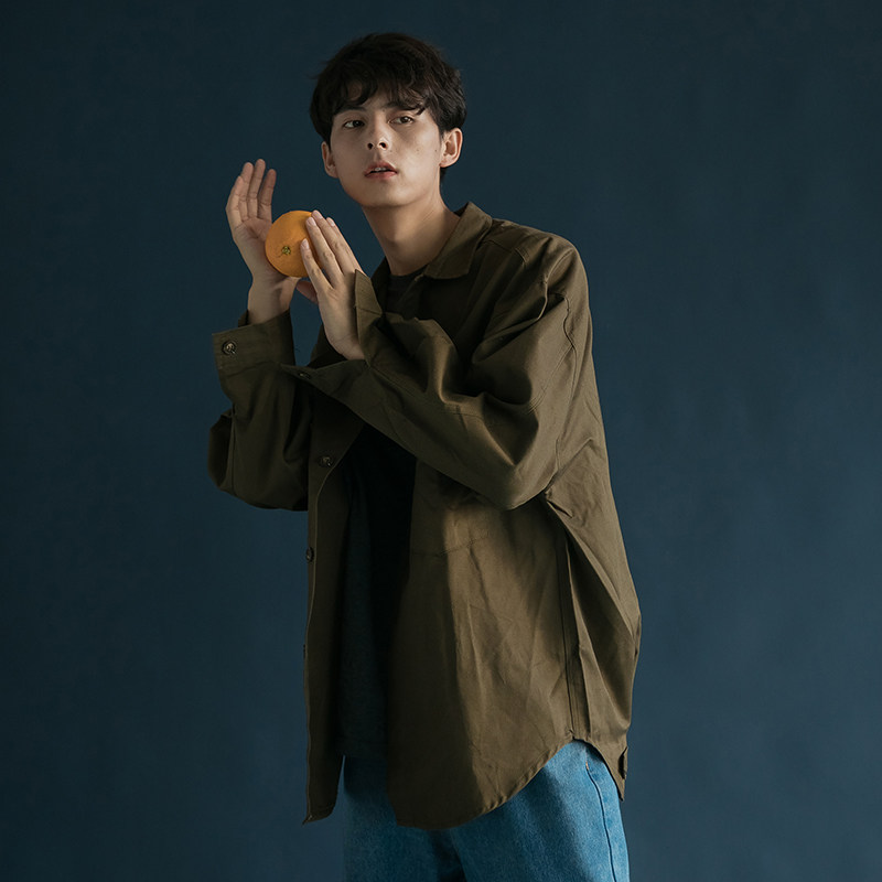 ins day system tooling retro pure color pocket shirt man BF long sleeve shirt jacket art and men 100 lap blouses