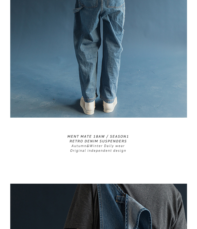 Phong cách dụng cụ retro kiểu Hồng Kông hoài cổ Harlan bỏ túi denim bib đường phố nam và nữ quần ngố nam