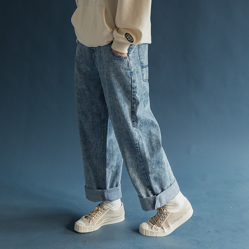 Japanese Harajuku retro snowflake washed old dad pants couple loose street nostalgic 90s jeans men