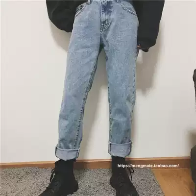 Korean retro trendsetter men and women Ami Kachi washing worker decoration denim cigarette tube pants wild long leg pants