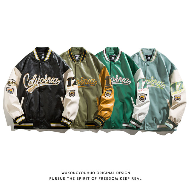 Wukong ແມ່ນຢູ່ໃນສະຕັອກອາເມລິກາຖະຫນົນ PU ຫນັງ baseball ເຄື່ອງແບບຜູ້ຊາຍ trendy ຍີ່ຫໍ້ hip-hop embroidered ວ່າງບາງ jacket ຫນັງບາດເຈັບແລະ