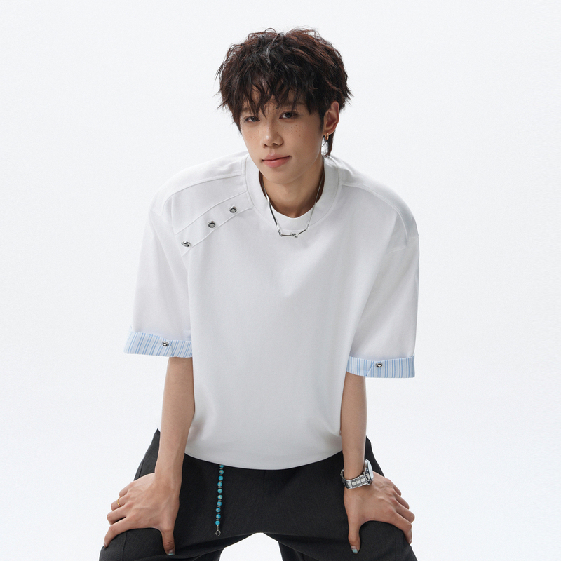 Wukong Has in Stock Trendy Striped Deconstructed Design Short-Sleeve T-Shirts for Men, American-Style Loose Casual Couple Matching Versatile T-Shirts