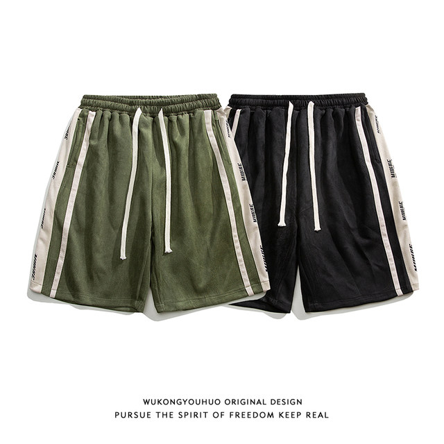 Wukong ມີ suede ຍີ່ຫໍ້ trendy ຂອງອາເມລິກາ splicing pants ກິລາສໍາລັບຜູ້ຊາຍແລະແມ່ຍິງ, retro ວ່າງແລະ versatile ສັ້ນບາດເຈັບ.