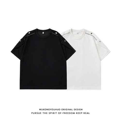 悟空有货 Металлическая трендовая футболка с коротким рукавом, в американском стиле, оверсайз