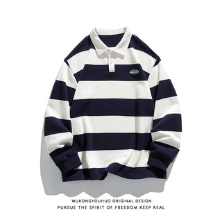 悟空有货秋季日系撞色粗条纹长袖POLO衫男女潮牌宽松情侣休闲衬衣