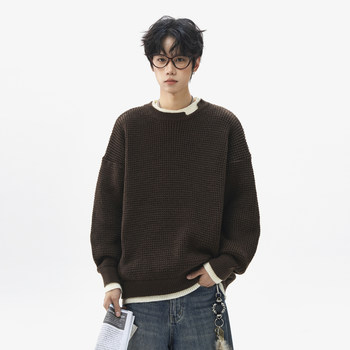 American retro mesh texture fake two-piece crew neck sweater American retro mesh texture fake two-piece crew neck sweater