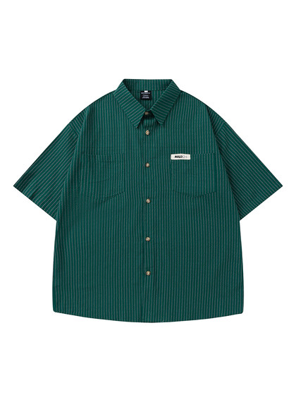 悟空有货夏季复古竖条纹口袋短袖衬衫男日系潮牌宽松休闲半袖衬衣