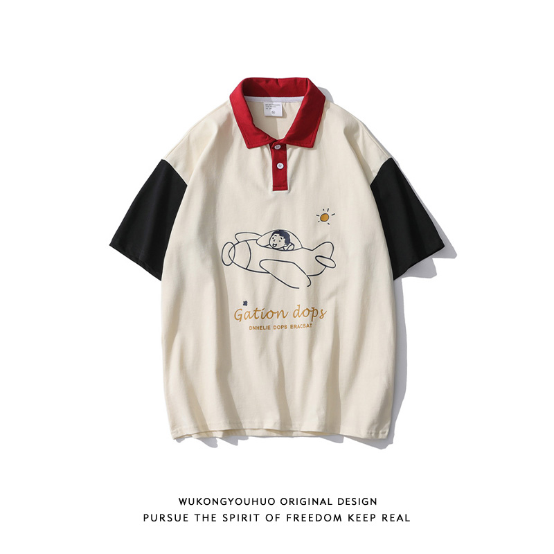 Epiphany with goods day Collision Color Aircraft Printed Short Sleeves POLO Shirt Male Tide Card Retro Loose Lovers Casual T-Shirt