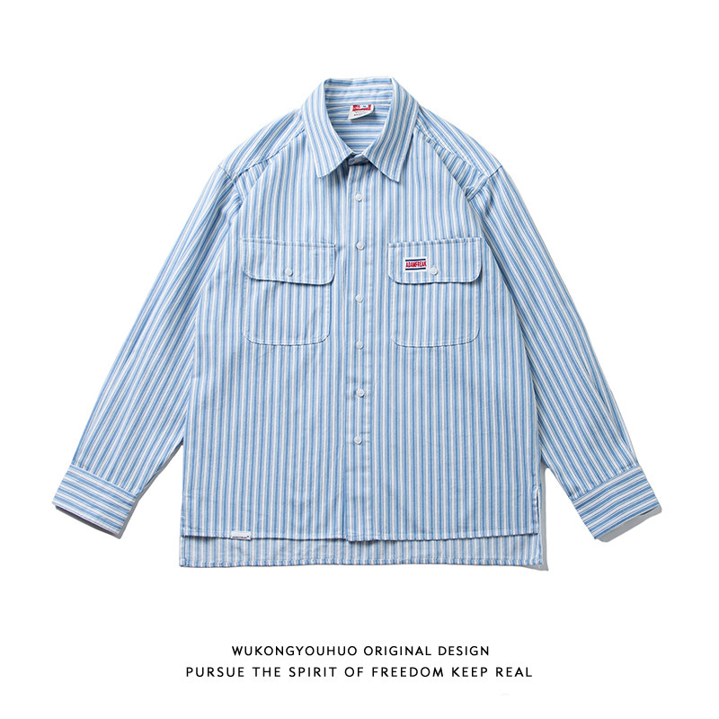 Epiphany with stock Spring New Retro Hit Color Striped Casual Shirt Male Tide Card Loose Pocket Tooling Long Sleeve Shirt