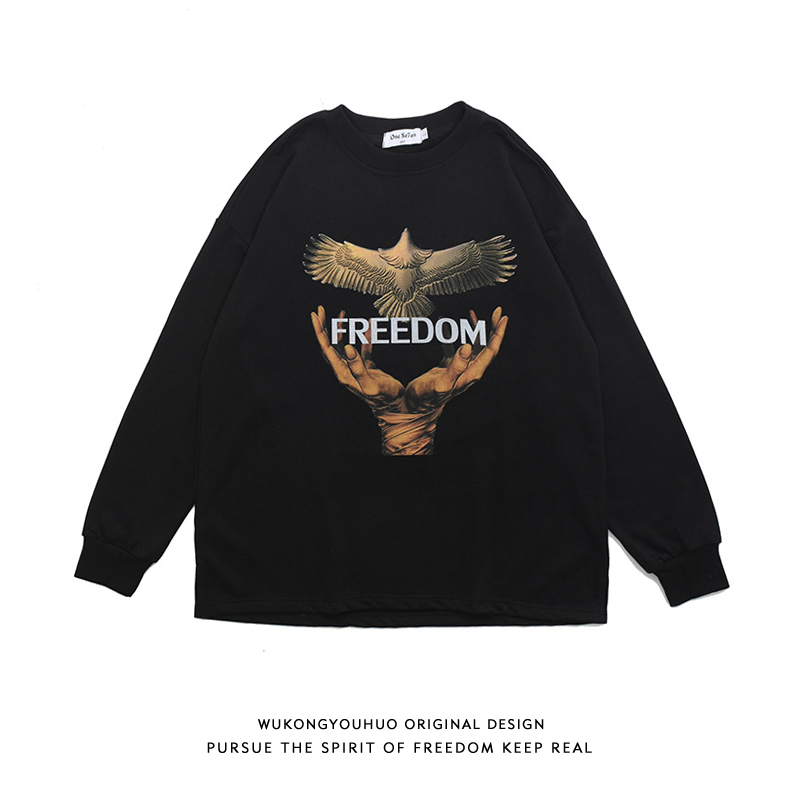 goku stock autumn european and american street hip-hop printed round neck long sleeve thick cotton t loose high street couple men's and women's tops