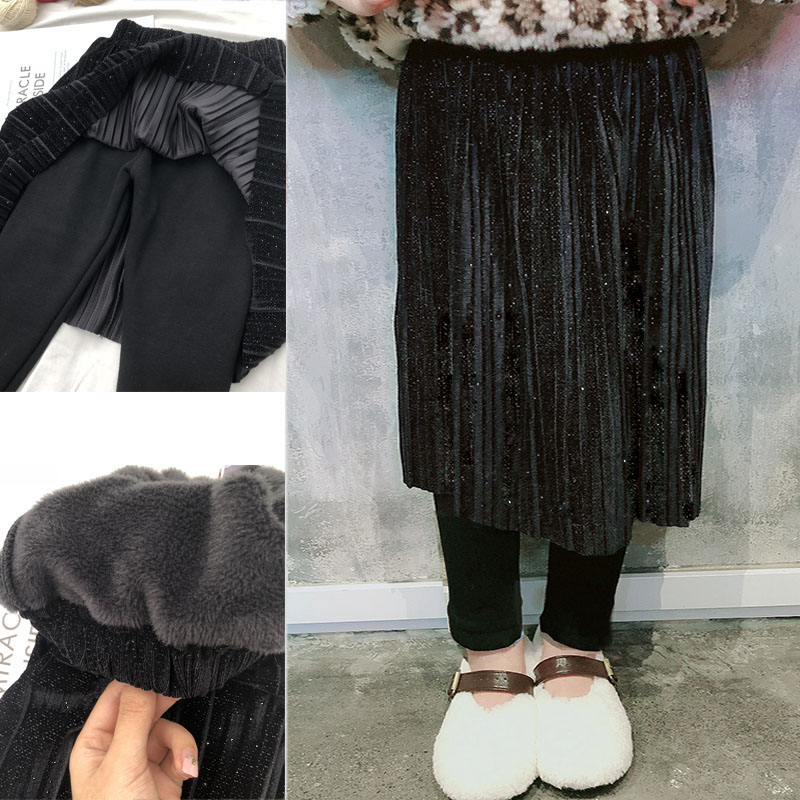 20 autumn and winter new Korean children's glittering velvet pleated skirt inner pants girls plus velvet thick fake two-piece culottes - Taobao