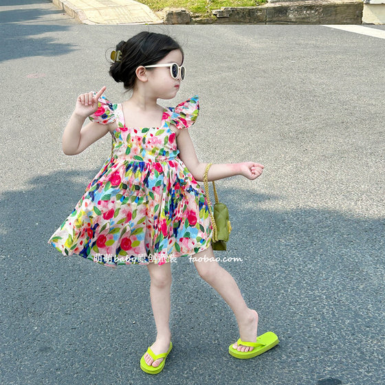 原创童装女童小飞袖碎花连衣裙2025夏季新款小女孩油画露背吊带裙