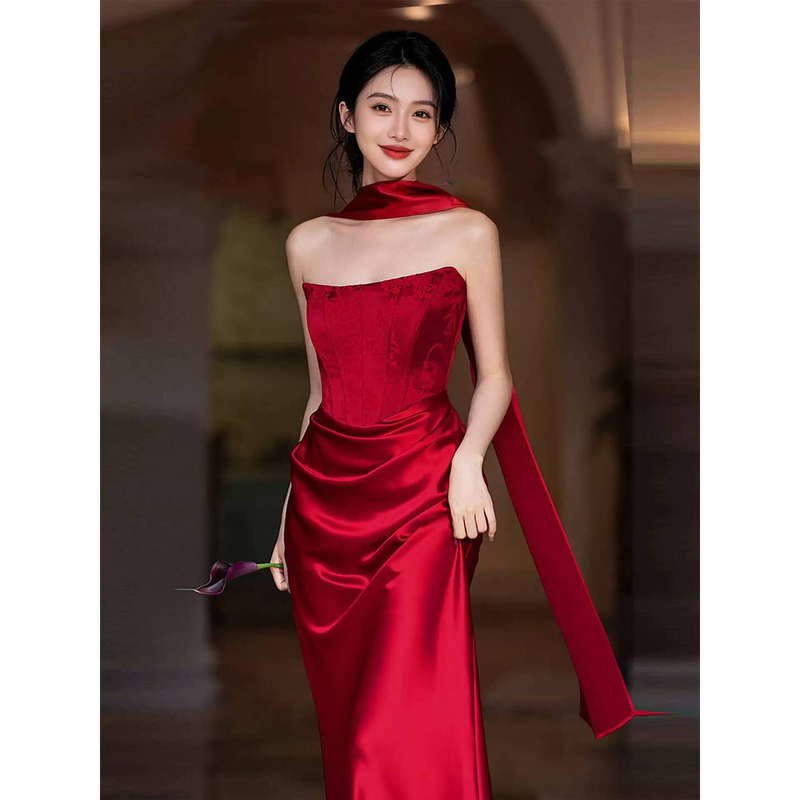 Burgundy Engagement Toast Dress, High-End Strapless Hostess Dress, Elegant Dress, Light Luxury Banquet Robe, Evening Dress