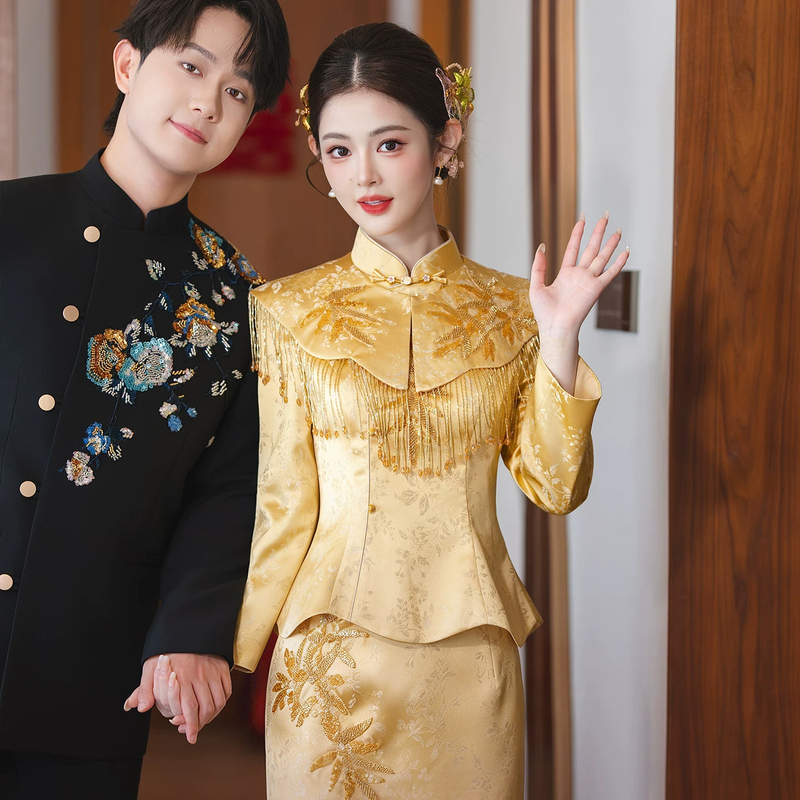 Champagne Gold Engagement Dress, High-End New Chinese-Style Bride's Homecoming and Wedding Dress Set, Stunning Wedding Toast Attire