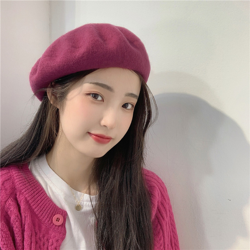 Japan Cape Kara dragon fruit color wool beret Versatile and elegant British retro painter hat