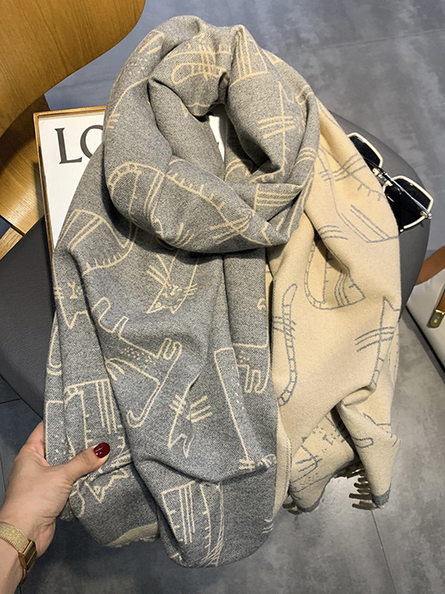 Cence Kaer French style new scarlet female kitty printed cashmere bursting with shawl sunscreen autumn winter scarf-Taobao