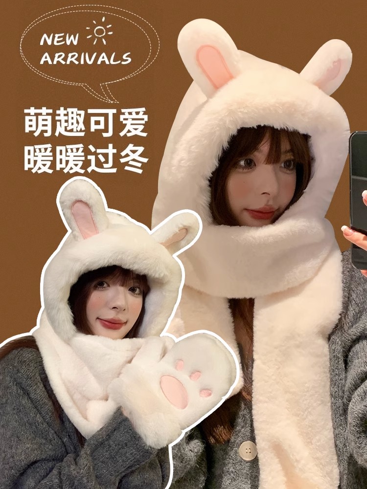 Cence Kaer rabbit ears small bear three sets of cute warm plush surrounding neck scarves and gloves integrated-Taobao