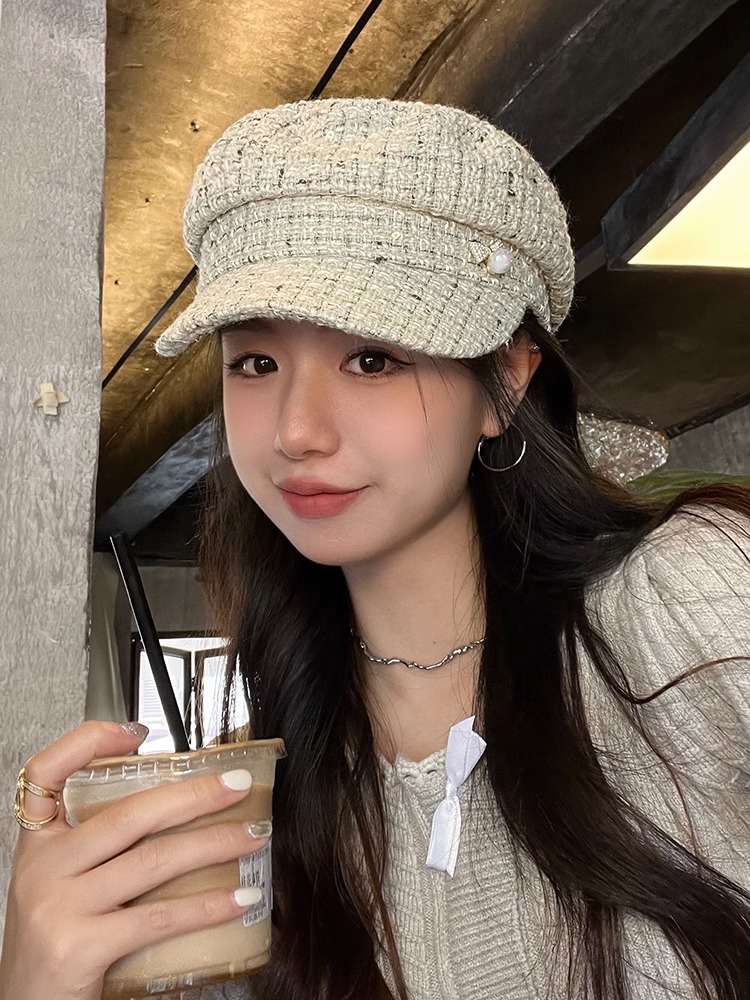 Cence Kaer Inron retro bright sheet fur with small fragrant wind pearl fashion anise cap autumn and winter flat top duck tongue cap-Taobao