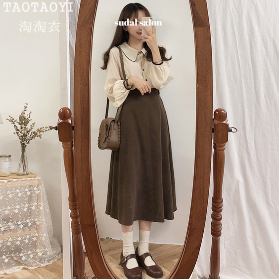 Korean chic retro high-waist student A-line skirt for women in autumn and winter ins super popular and versatile mid-length large-swing umbrella skirt