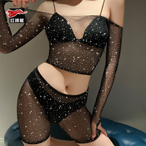 Internet celebrity sexy dotted diamond net clothing hot diamond fishnet stockings long-sleeved hollow trendy diamond black silk jk grid split two-piece set