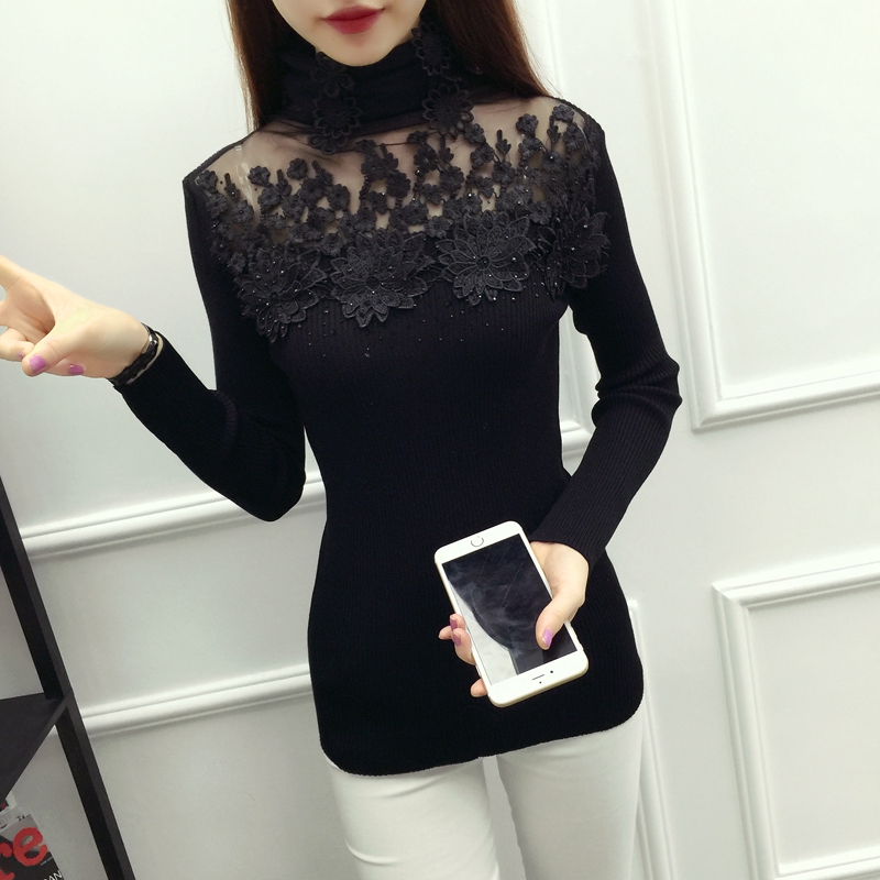 Áo len ren mùa thu và mùa đông của phụ nữ áo lưới ngọt ngào lỗ rỗng cổ cao đáy áo sơ mi nữ đầu áo len dài tay áo len gile