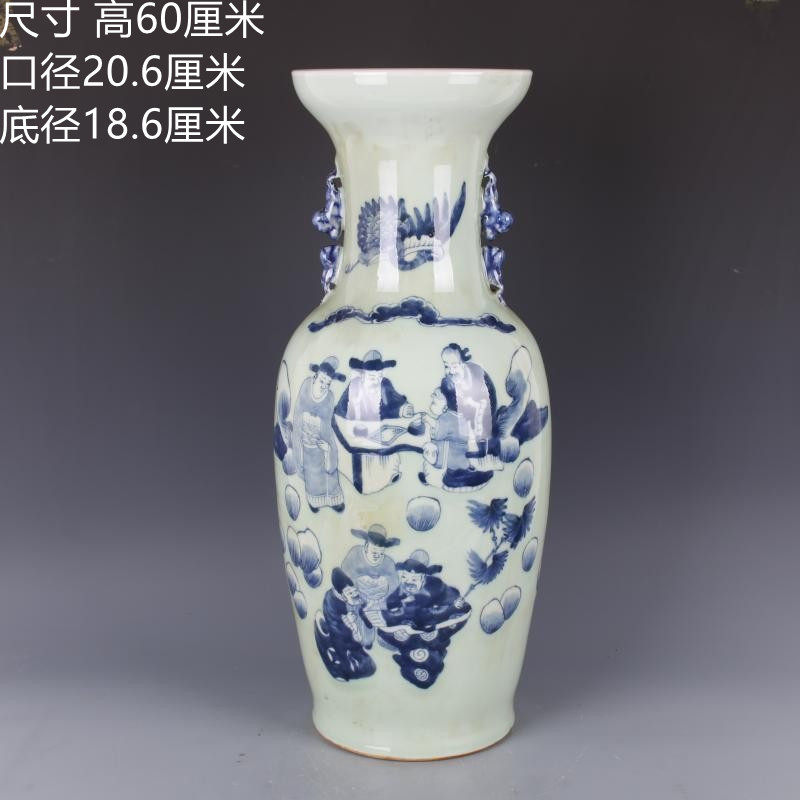 88清康熙豆青釉青花人物故事狮耳花瓶手工仿古老瓷器摆件古玩收藏