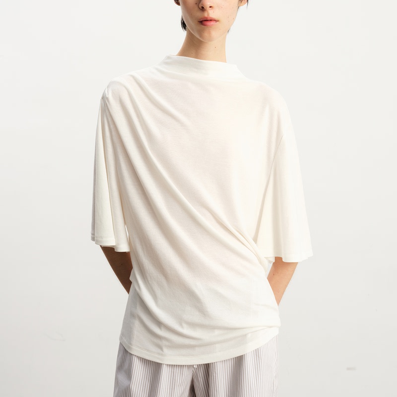 Jcaesar Women Half-High Collar Pleated Draped Short Sleeves Tencel Wool Blend Twisted Pleats Multi-Color Jcaesar Women Half-High Collar Pleated Draped Short Sleeves Tencel Wool Blend Twisted Pleats Multi-Color