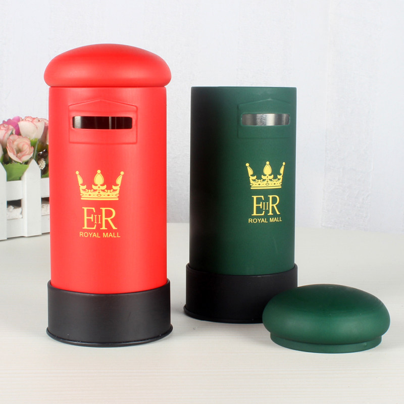 Vintage British post box Piggy bank Children tinplate round coin storage can be used as a desktop pen holder cute