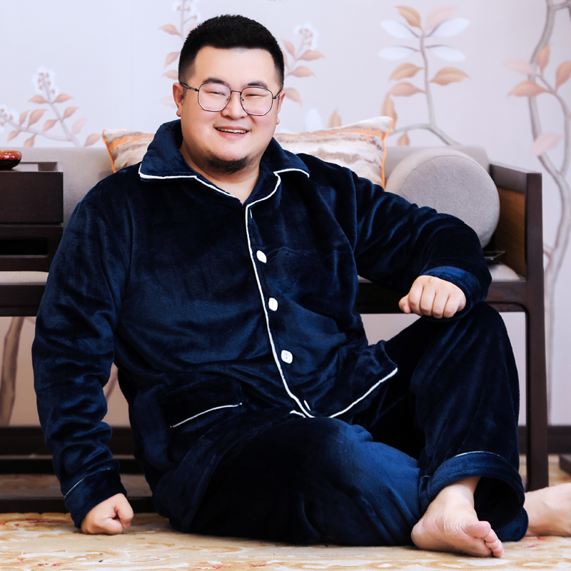 Autumn and winter men fattening plus size coral fleece pull-off pajamas long sleeves home wear thick fat flannel set