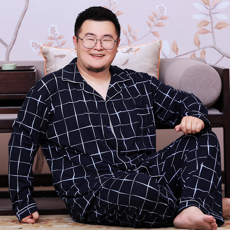 Spring and autumn season Gats up overweight Sleeping Clothes Men's Long Sleeves Pure Cotton Fattener Loose Cardiovert Suits and Suit Minimalist Plaid
