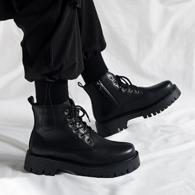 Side zipper Martin boots men's high-top style British ຫນັງແທ້ສີດໍາ workwear ລົດຈັກເກີບ summer ເພີ່ມຂຶ້ນສູງເທິງເກີບສັ້ນ