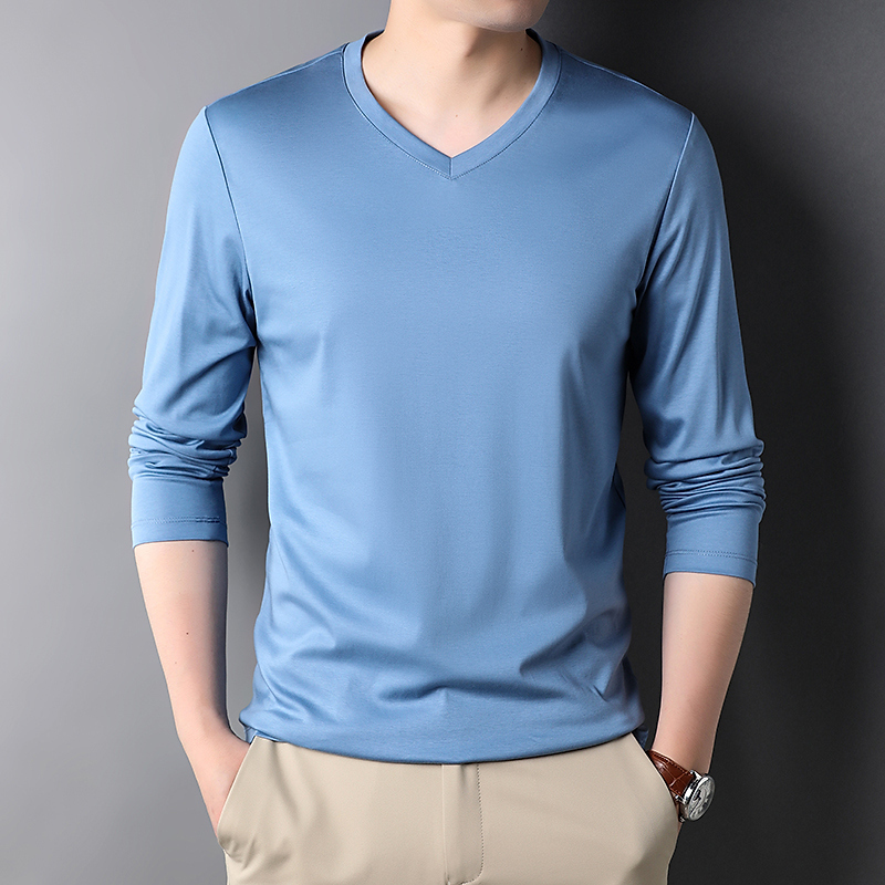 Long-Sleeved T-Shirt Men's V Neck Mercerized Cotton Spring and Summer Pure Color Inner Layer Thin Sweetheart Collar Trbottomyy Bottoming T-Shirt