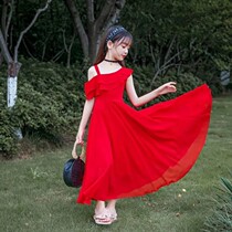 Girl snowspun Lioncello dress Summer children beach long skirt large hem pendant with skirt red Bohemian 10-year-old sleeveless