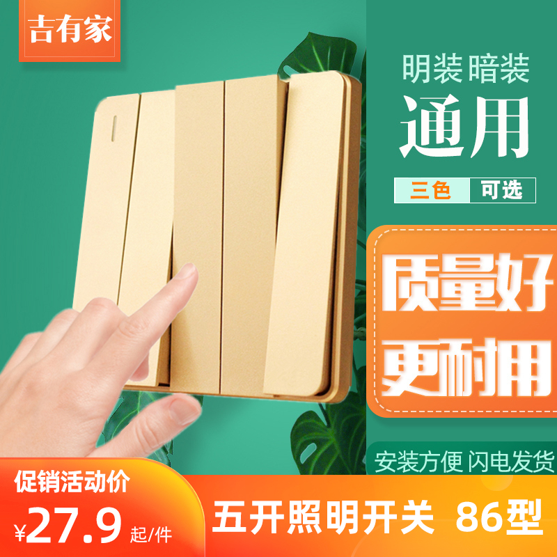 Home Type 86 Living room Five open single control light switch 5 open all the way Double control concealed 5 League champagne golden lighting panel-Taobao