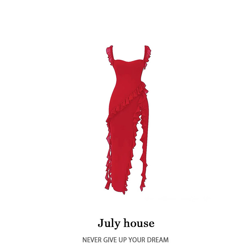 Julyhouse Ouyang Nana's Same Style Red Spaghetti Strap Dress with Ruffles and Slit for Seaside Vacation Long Dress Julyhouse Ouyang Nana's Same Style Red Spaghetti Strap Dress with Ruffles and Slit for Seaside Vacation Long Dress