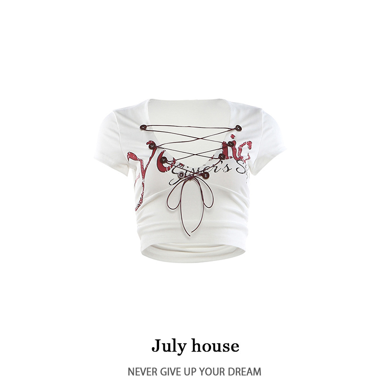 Jennie-Style White V-Neck Tie-Up Short-Sleeve T-Shirt, Feminine High-Waisted Letter Print Crop Top for Women