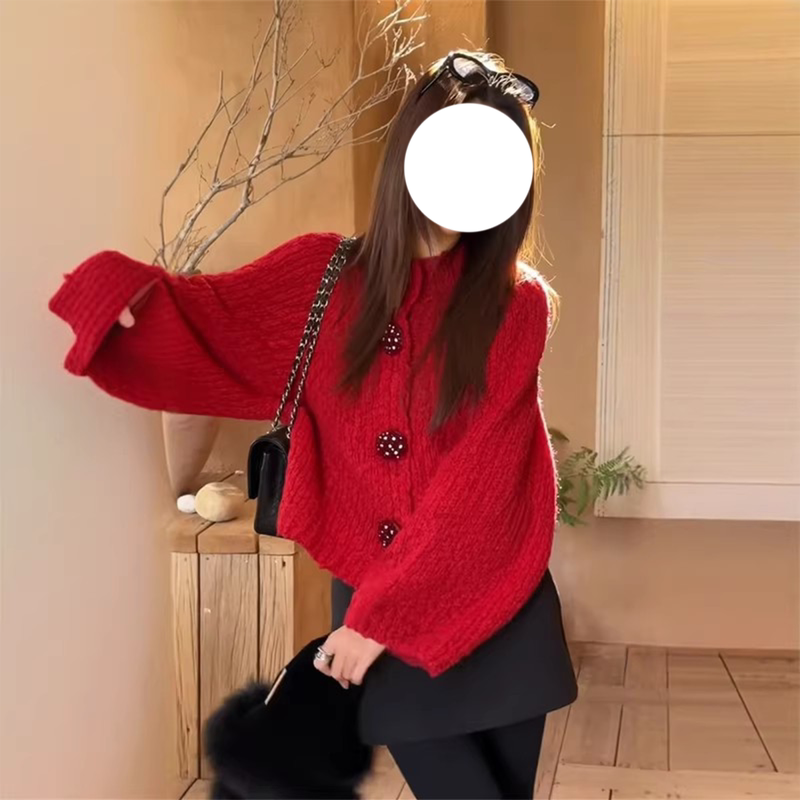 Christmas and New Year Red Knitted Cardigan for Women, Autumn and Winter, High-End, Elegant, Loose, Lazy Style, Versatile Sweater Coat