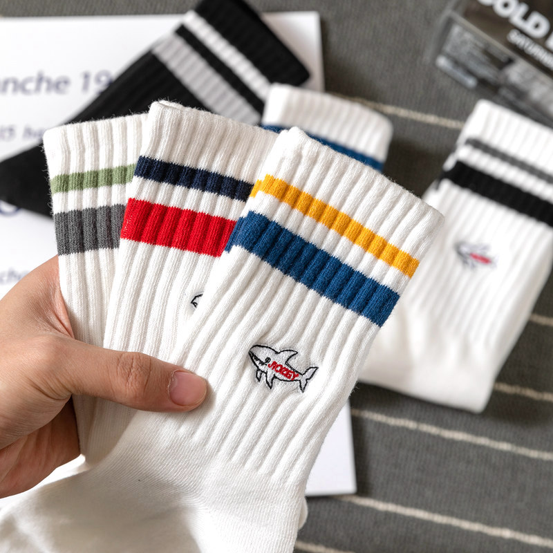 Spring White Socks for Men, Pure Cotton, Shawn Yue ins Shark Embroidery Trendy Socks, Mid-Calf Socks for Women, Long Socks for Couples Spring White Socks for Men, Pure Cotton, Shawn Yue ins Shark Embroidery Trendy Socks, Mid-Calf Socks for Women, Long Socks for Couples