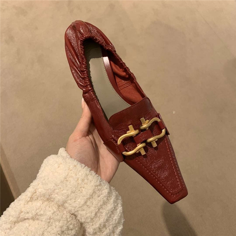 Europe and the United States 2022 early spring new metal buckle kitten heel high heels retro soft leather square toe shallow mouth stiletto shoes women