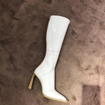 White long cylinder boot female winter new lacquer leather pointed high heel display slim long boot female though kneecap heel high cylinder rider boot